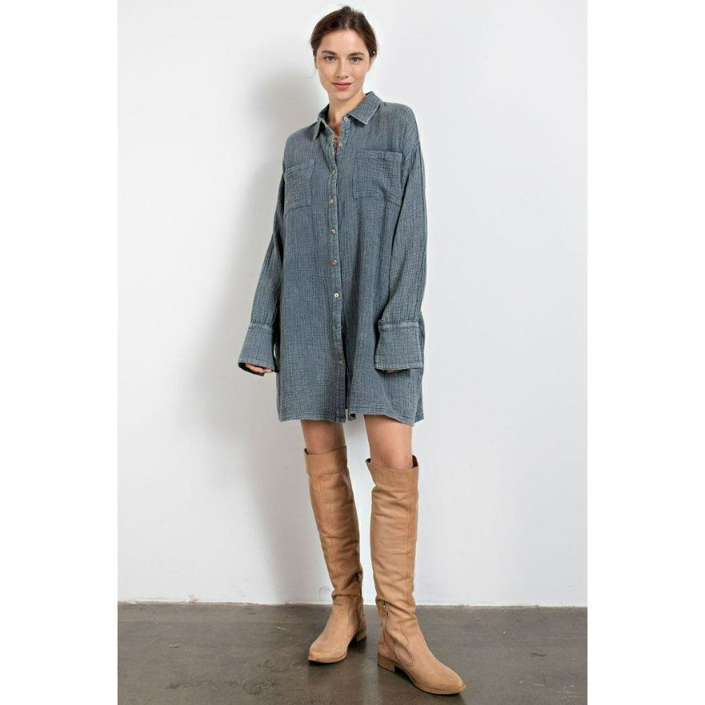 Easel Cotton Gauze Mineral Washed Shirt Dress in Slate New S-L ED16857 - Picture 2 of 5